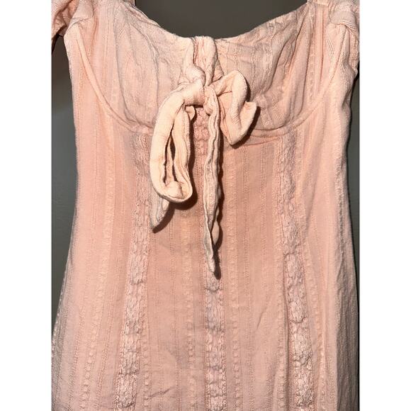 Lulu’s Pink/ Peach Tie Detail Short Sleeve Off Shoulder Mini Dress Size Small - Picture 5 of 6